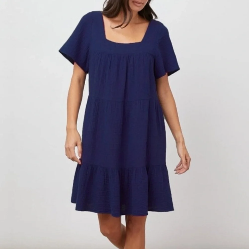 Rails | Valentina Squareneck Tiered Ruffled Gauzy Cotton Mini Dress Navy Blue XS - Picture 1 of 16